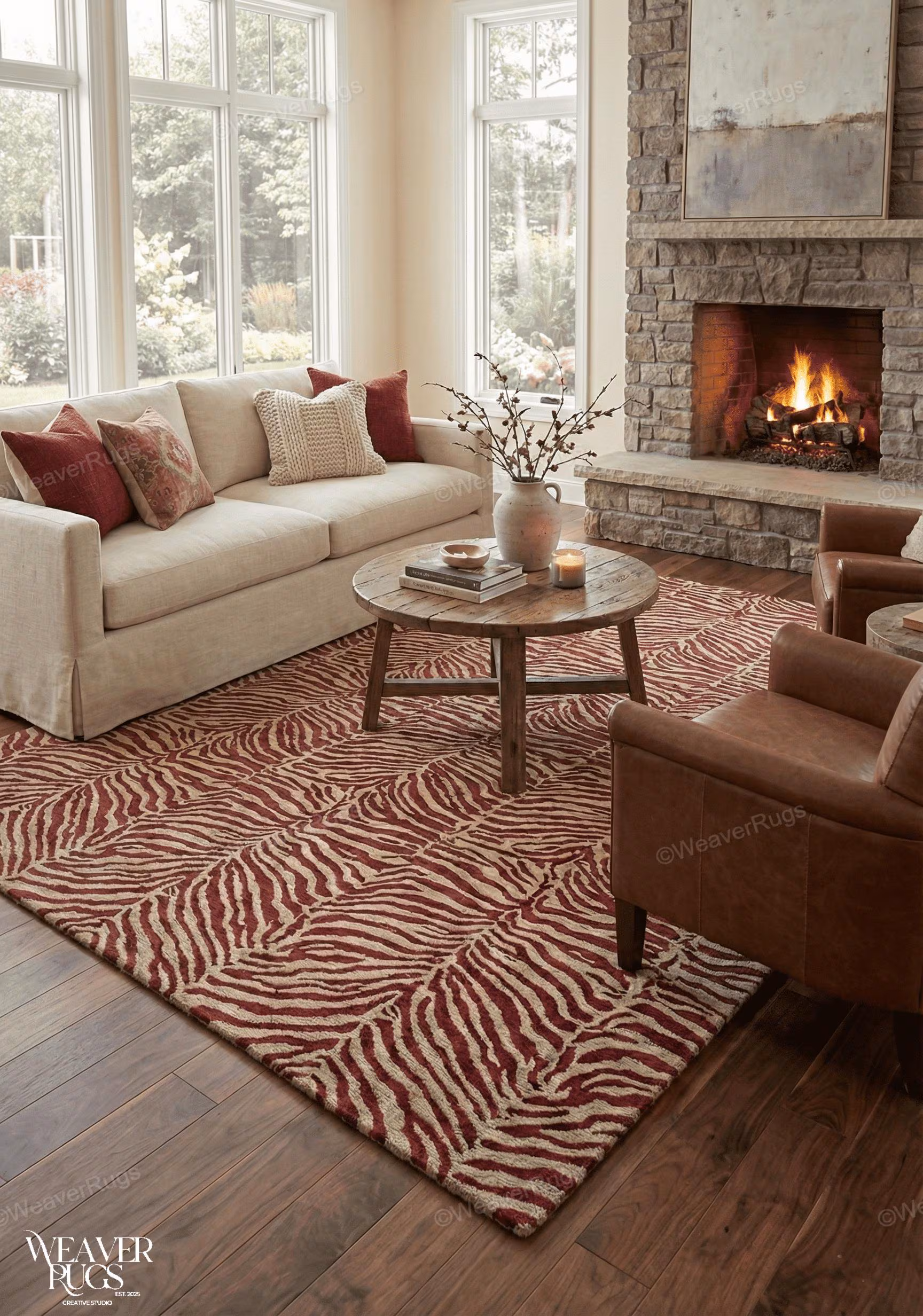 Zebra Fine Wool Hand Tufted Burgundy Animal Rug - For Living Room, Bedroom, Office and Dining