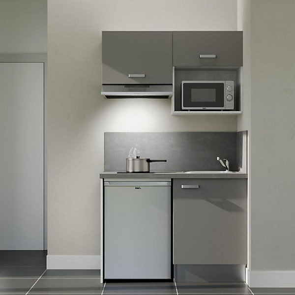 Kitchenette K02 façades Gris - Plan de travail Gris béton - Crédences : Oui - Evier inox - Electroménager Inox inclus