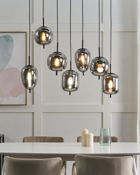 Lampa wisząca 7-punktowa srebrne klosze szklane