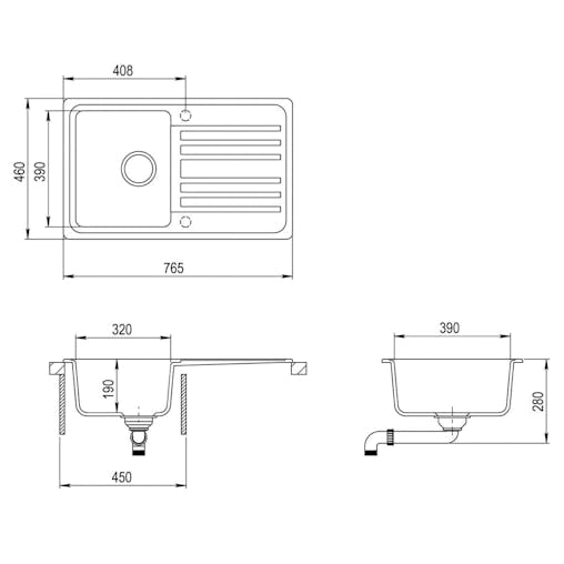 NNEVL Granite Kitchen Sink Single Basin with Drainer Reversible Black