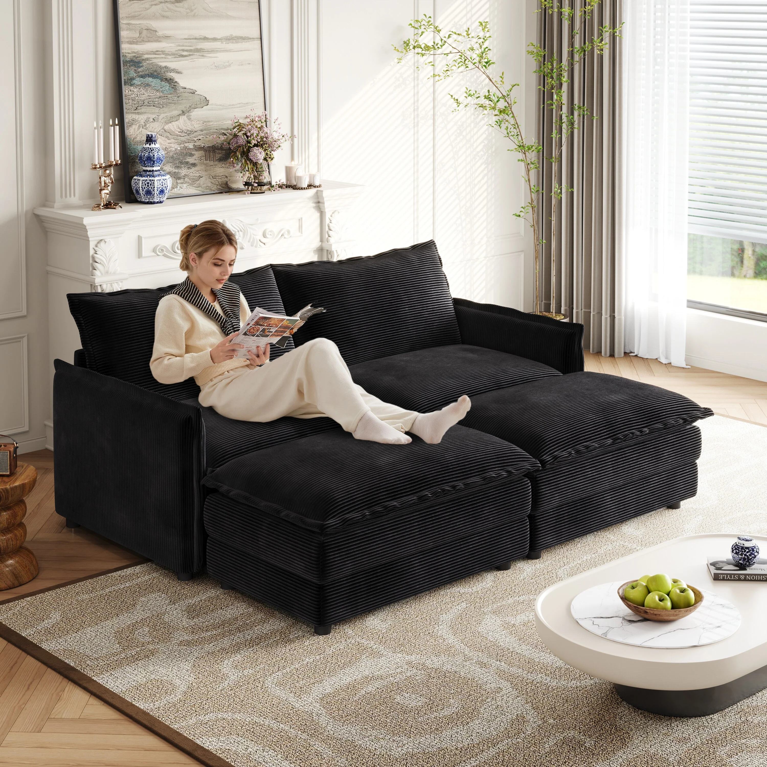 75 Corduroy 2-Seater Cloud Sectional Sofa with Dual-Layer Cushions