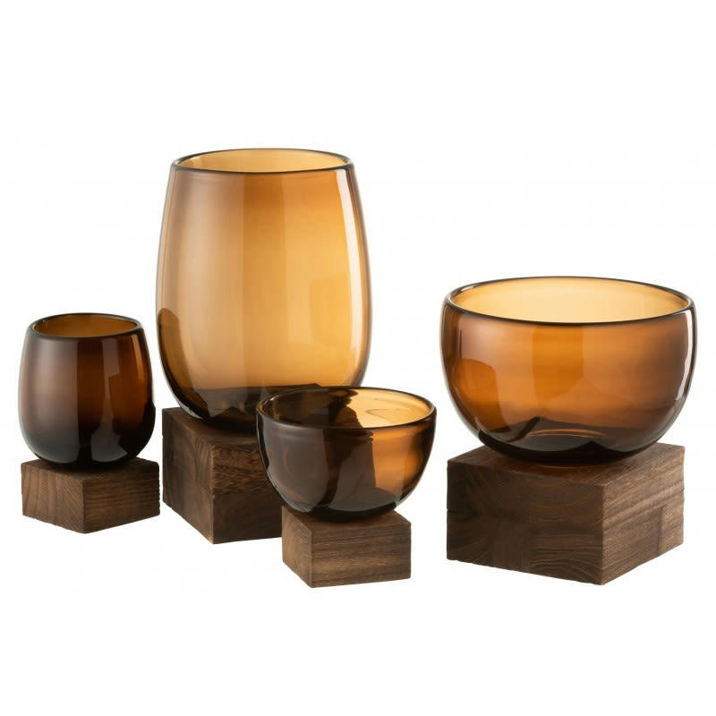VERRE - Vase sur pied large bois et verre marron H17,5cm