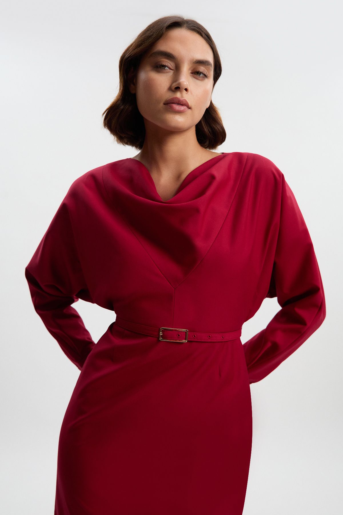 KarenMillen Polished Cowl Neck Tailored Pencil Midi Dress
