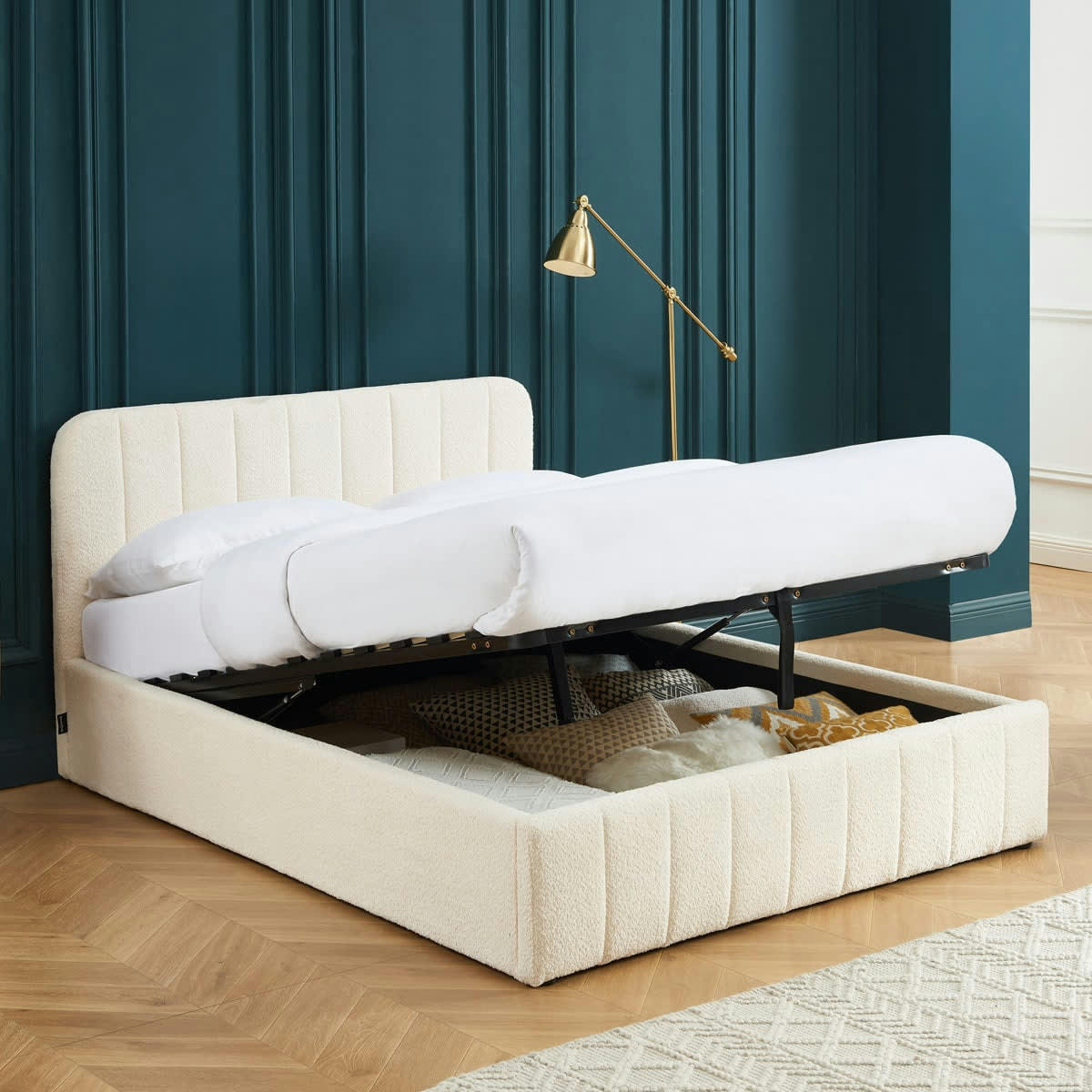 AVA - Lit coffre 140x190 en tissu bouclé écru + tête de lit + sommier