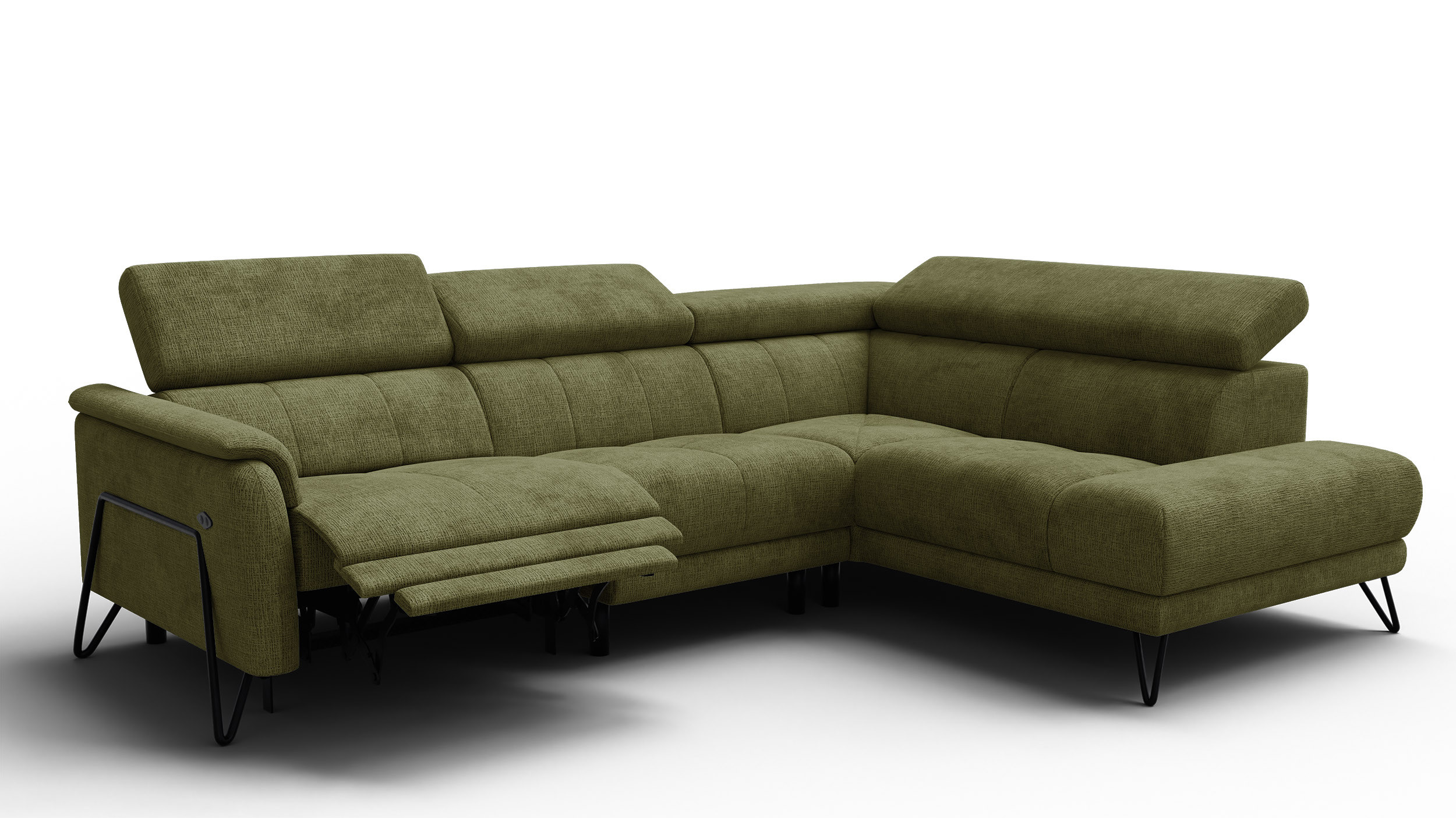 Sofa narożna 5 osobowa prawa RODEN, 1 x Relax Zero Gravity, oliwkowa