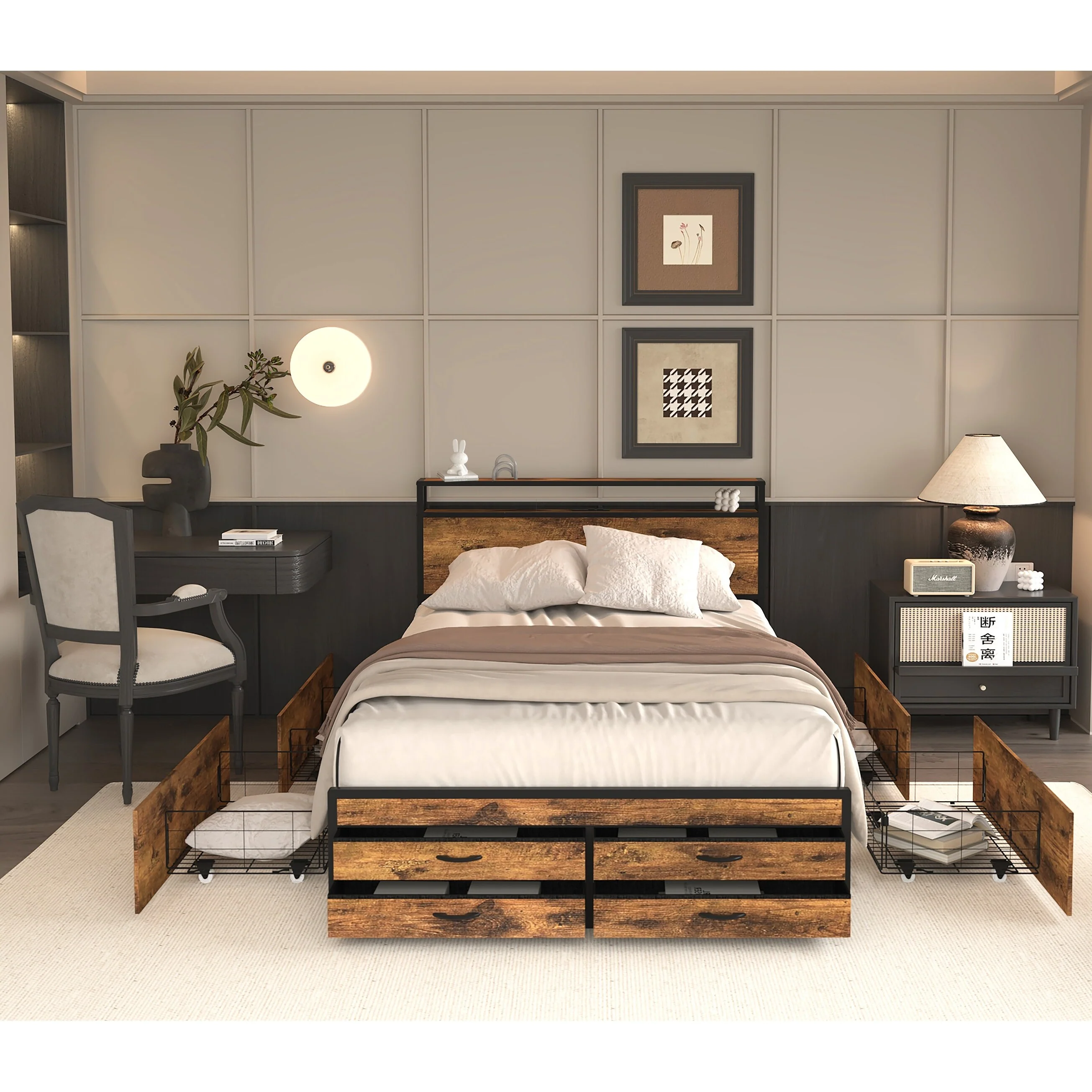Queen Bed Frame with 8 Storage Drawers, LED Headboard with Charging Station, Metal Platform Frame, No Box Spring Needed