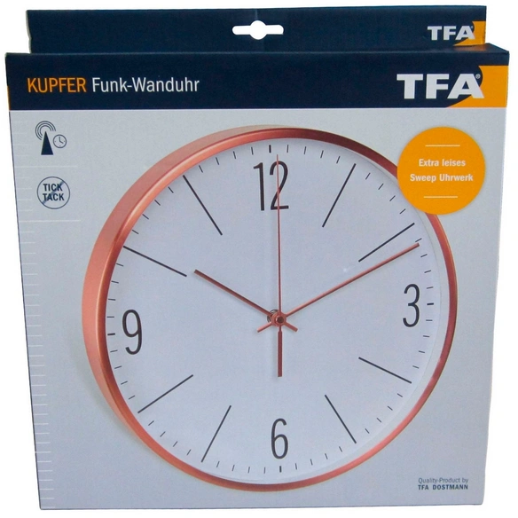 Funkwanduhr (Analog), BxHxT: 30 x 30 x 4,5 cm, kupferfarben