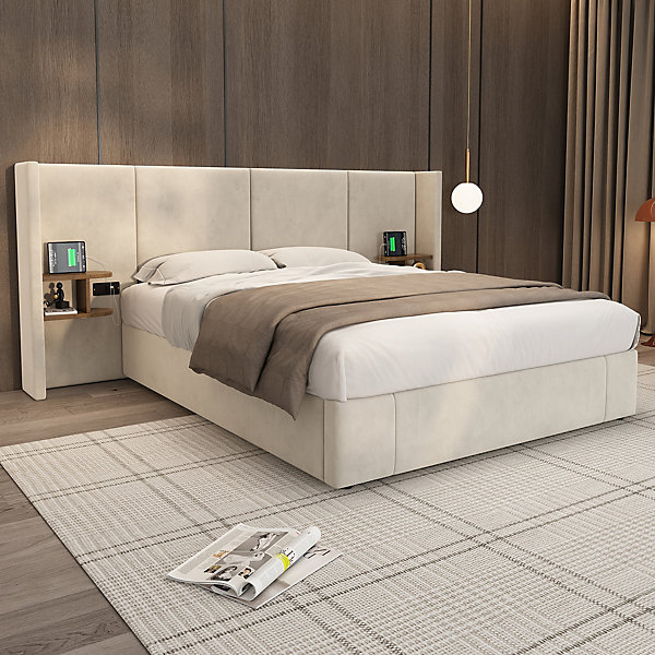 Lit 160x200 cm en velours beige avec rangement hydraulique, 2 tables de chevet et prises USB