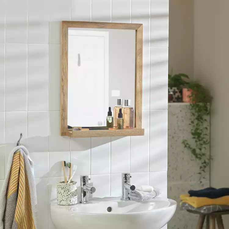 Habitat Mango Wood Bathroom Mirror with Shelf - 52x40cm