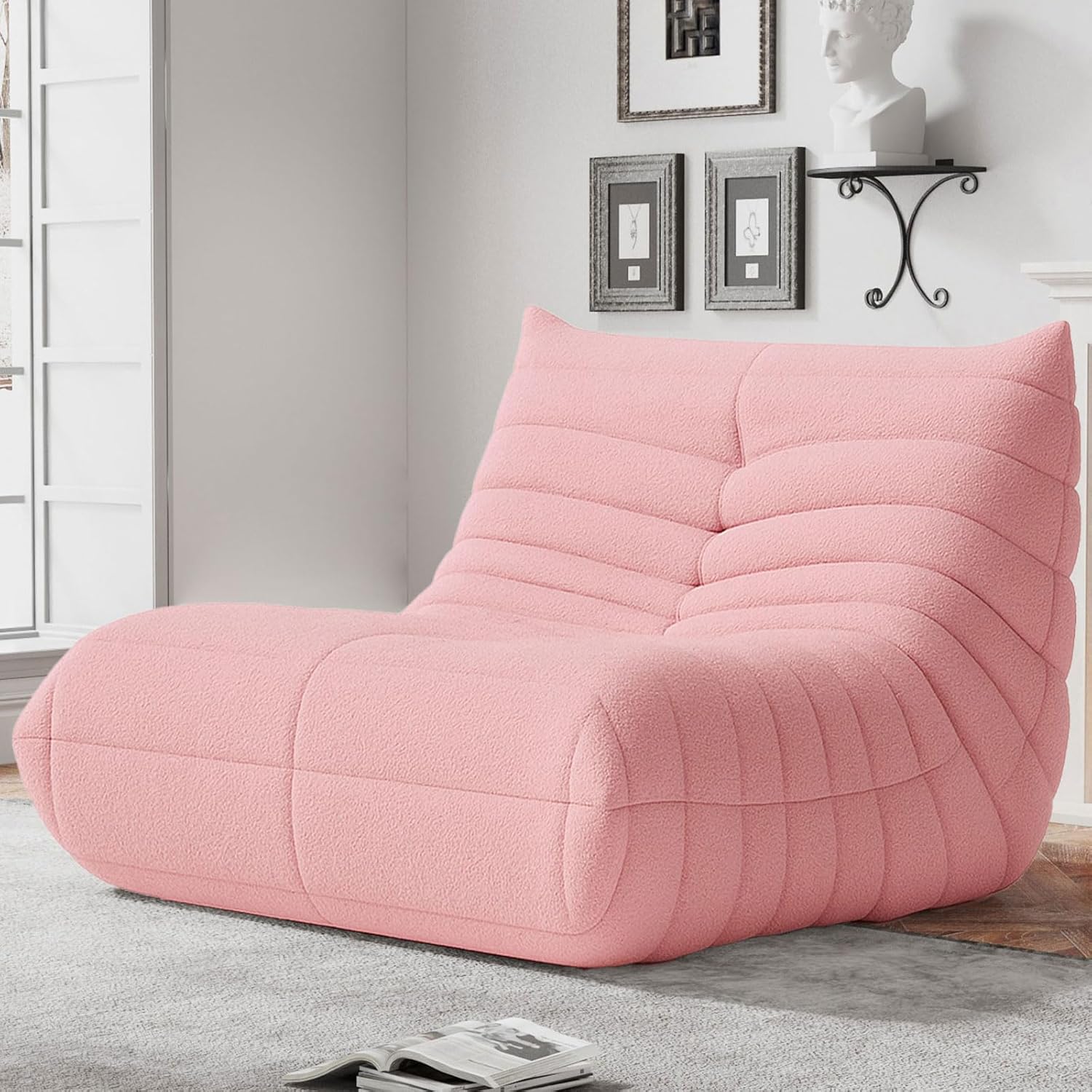 WHGBJA Bean Bag Chairs for Adults, BeanBag Reading Chair Memory Foam Couch, Floor Chair Soft Teddy Material, Comfy Reading Nook Chairs for Bedroom Living Room Office (Pink)
