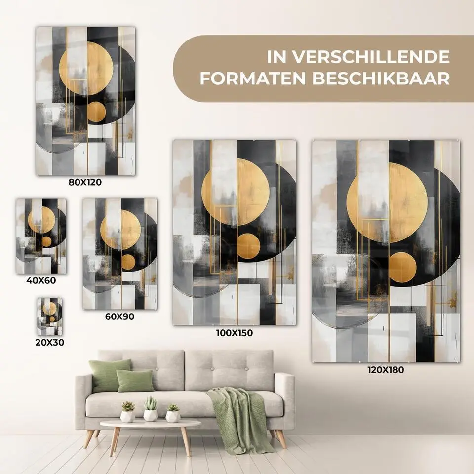 MuchoWow Glasschilderij 60x90cm Abstract Goud Zilver Vormen