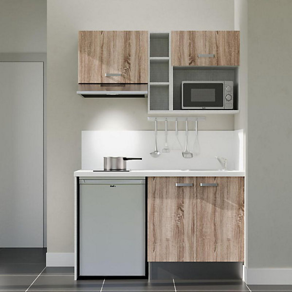Kitchenette K13 façades Bois - Plan de travail Blanc - Crédences : Oui - Evier inox - Electroménager Inox inclus