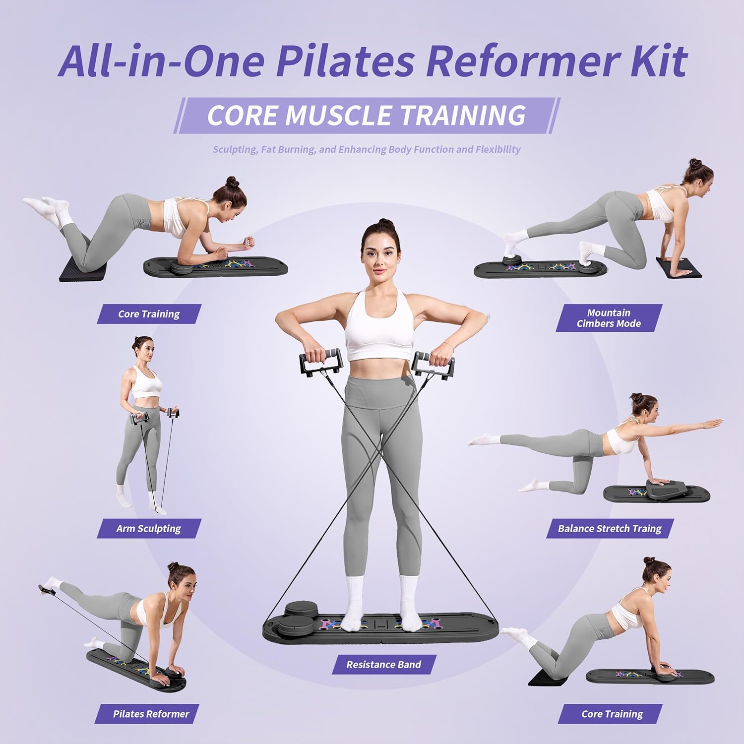 Pilates Board Reformer 15-in-1: Split & Foldable Design, Portable Home Gym with Digital Display, Resistance Bands, Balance Board for Women's Full Body & Core Training