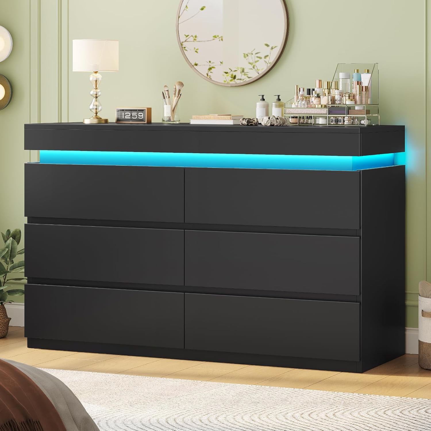 6 Drawer Dresser with LED Light, Black Modern Chest of Drawers for Bedroom,Closet Dressers with Drawers for Living Room, Entryway, Hallway