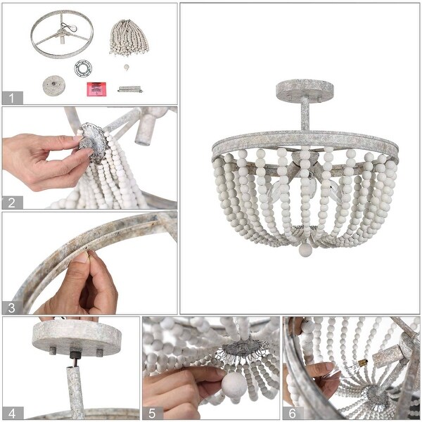 Allisa Wood Beaded 3-Light 16" Farmhouse Boho Semi Flush Mount Ceiling Light - D16" x H13.5"