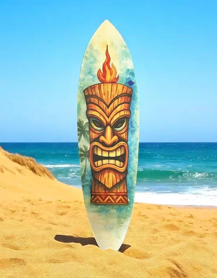 JennyGems Tiki Surfboard Wall Art Polynesian Tropical PVC Decor, Outdoor Tiki Mask Surfboard Sign for Patio, Beach House, Luau, or Bar Wall Display, 3 Foot