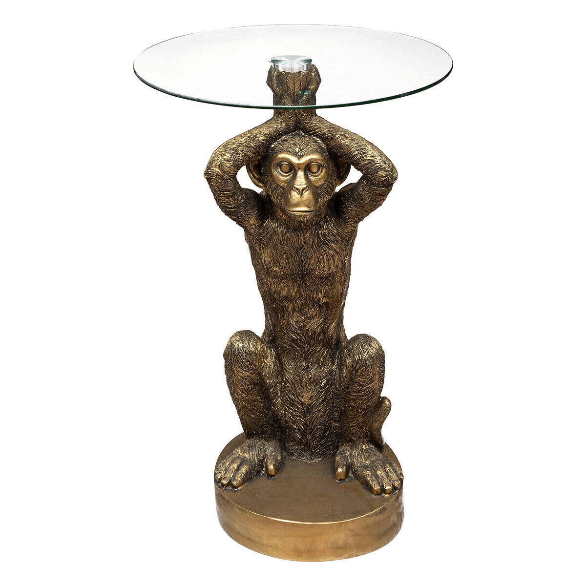 Mesa de apoio com base forma de macaco dourado em resina