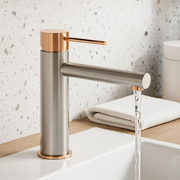 Mitigeur lavabo haut façon inox et or rose Essebagno Envol