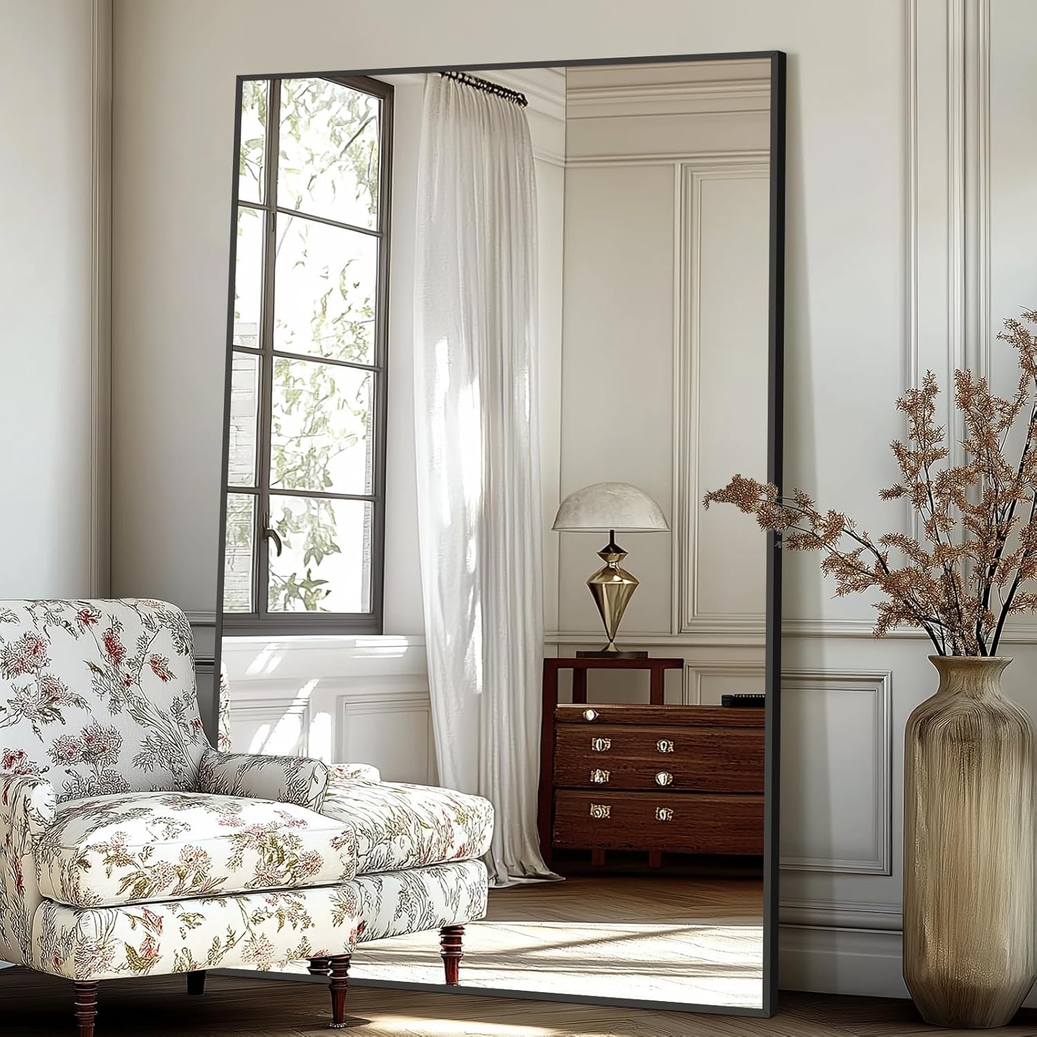 Large Mirror Full Length 72X44, Oversized Floor Mirror with Stand, Black Free Standing Mirror Full Length for Gym Bedroom Living Room, Hanging or Wall Mounted, Shatterproof Tempered Glass