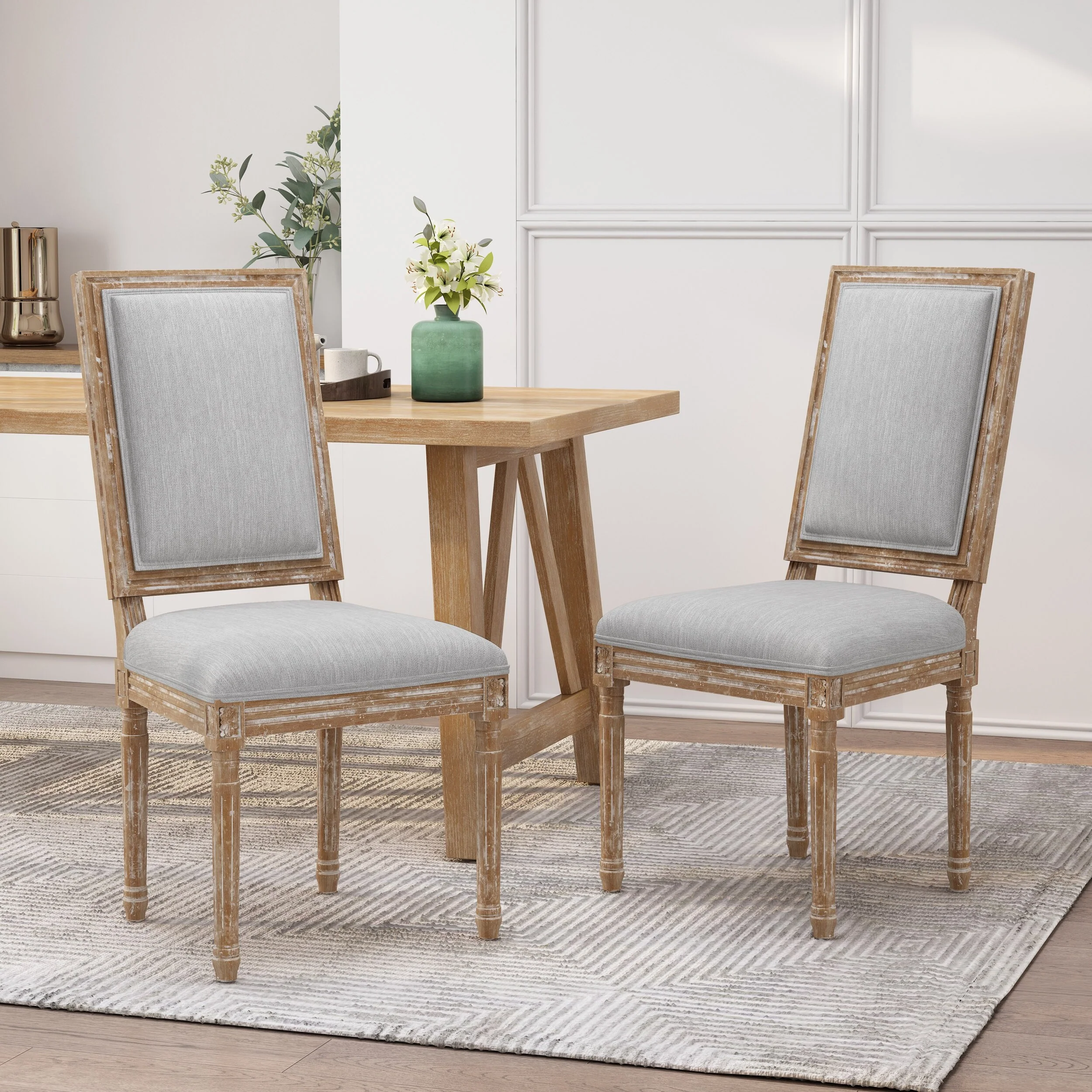 [Set of 2]Dining Chairs -Elegant Backrest & Upholstered Seats with Fluted Legs -Rustic Weathered Finish -Rubberwood Frame