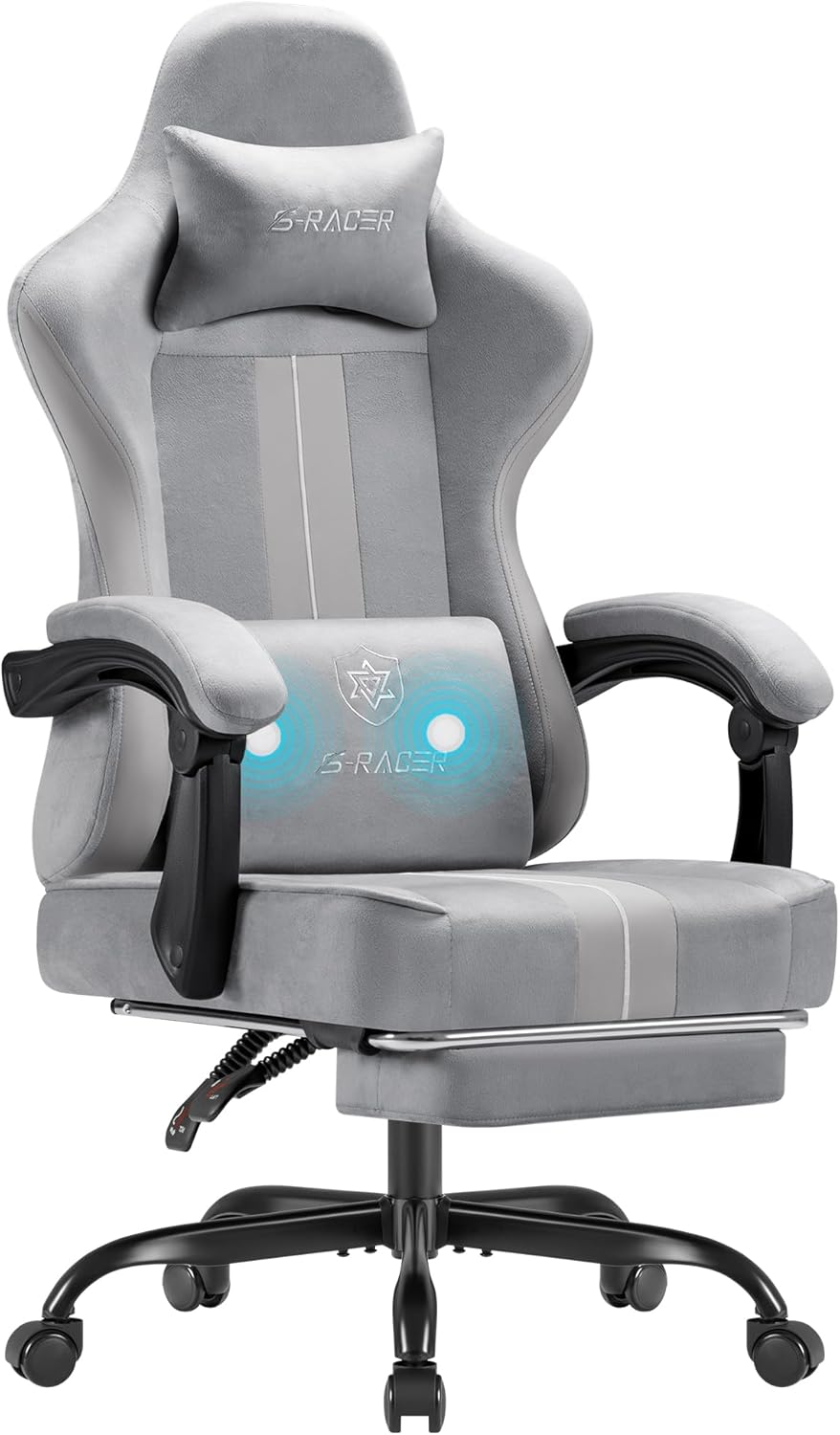 Homall Gaming Chair with Massage & Footrest, Ergonomic Computer Office Chair, High-Back Racing Style Reclining Chair with Adjustable Lumbar Support, Breathable Tech Fabric for Adults (Light Grey)