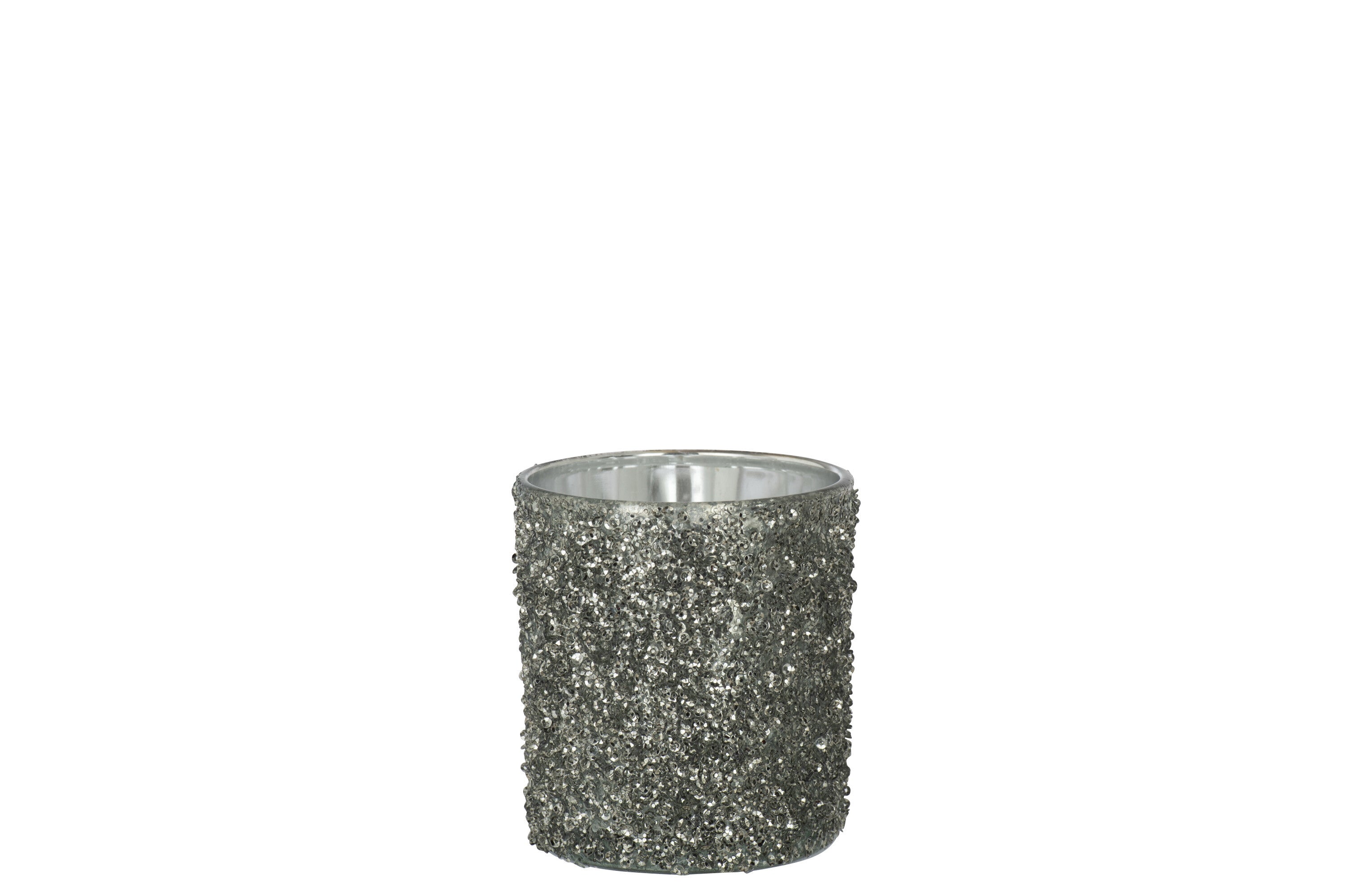 J-Line windlicht Glitter - glas - grijs - medium - 2 stuks