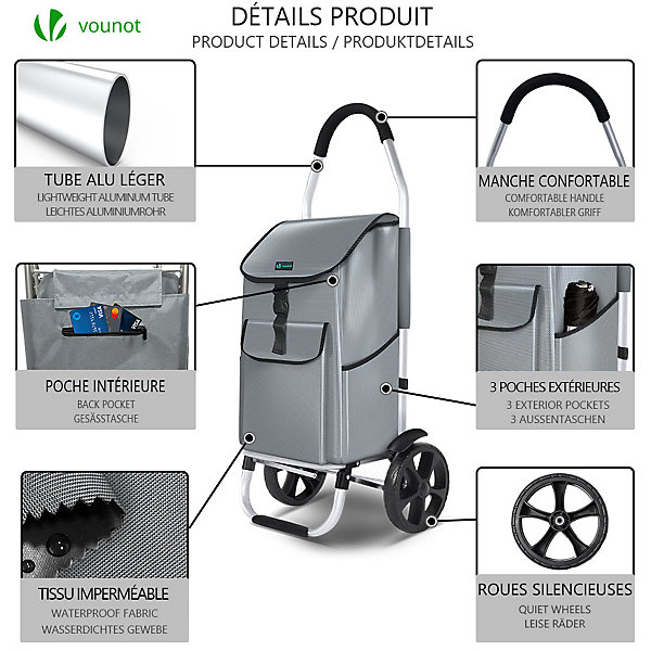 Chariot de course pliable aluminium 2 roues gris VOUNOT