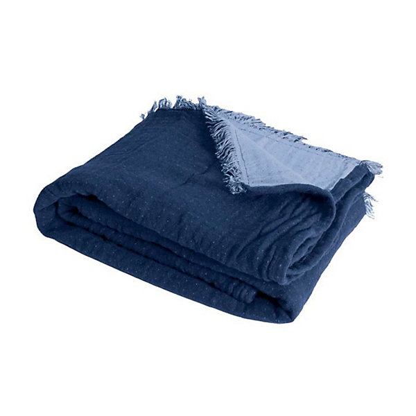 Couverture plaid 100% coton bleu marine avec franges 130x170cm BITALD - SACASA