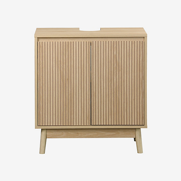 Meuble sous lavabo Linear naturel 2 portes. façades striées. pieds bois de pin. 65 x 40 x 70 cm