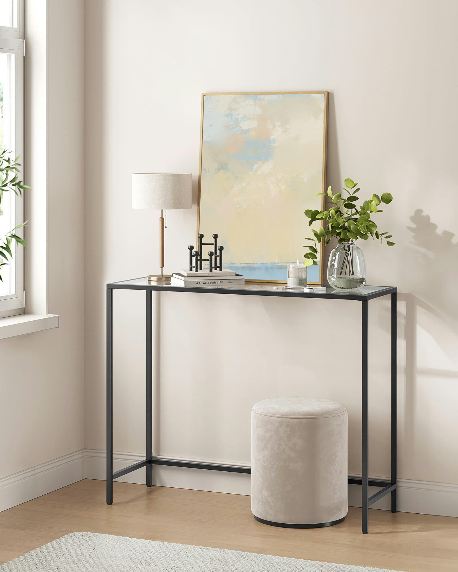 - Table console style moderne verre acier transparent noir
