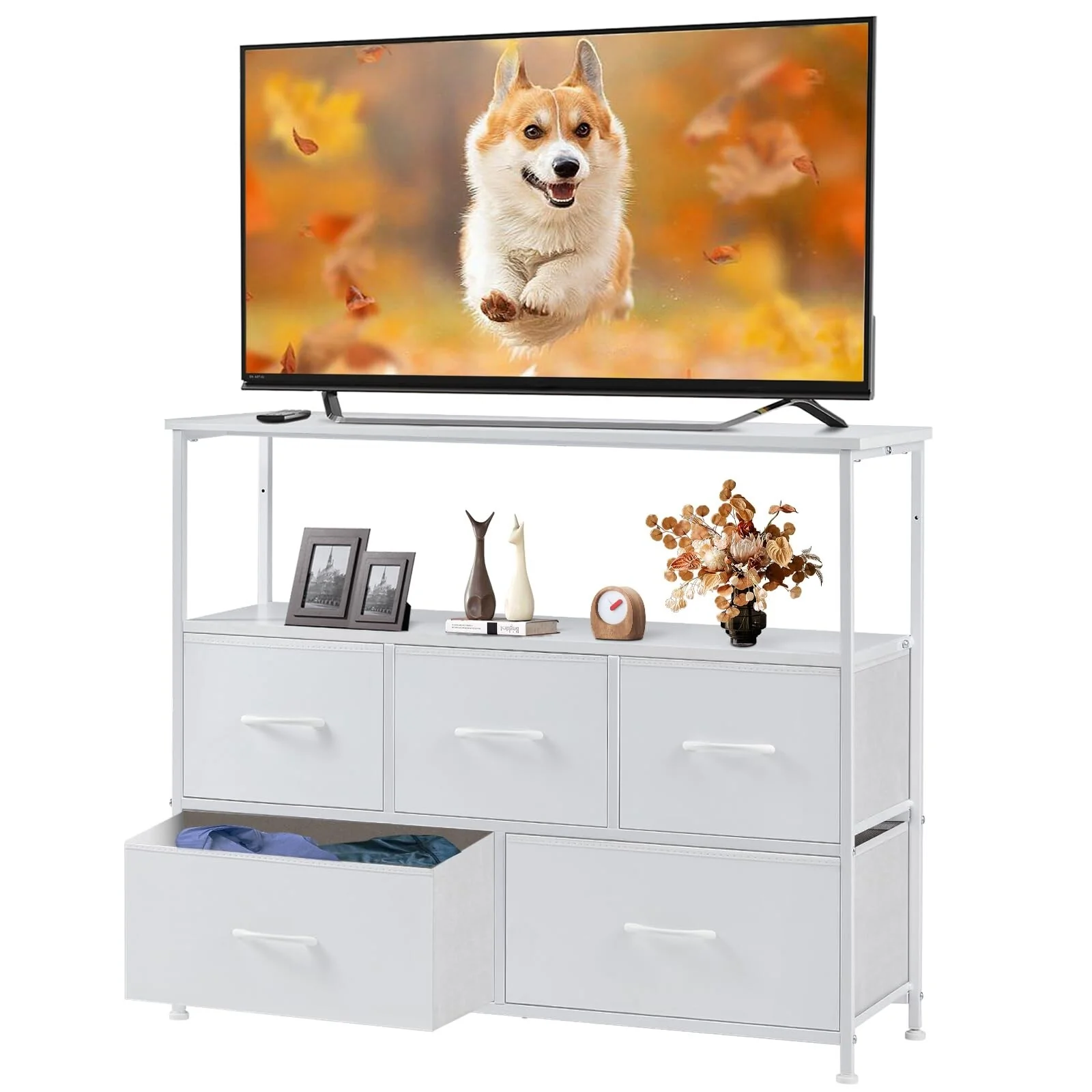 Fabric Dresser for Bedroom, 5 Drawer Tall Storage Chest of Drawers Tower Unit with Wood Shelves