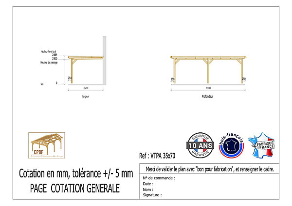 Carport adossé toit plat 350cmx700cm, bois DOUGLAS Français (Charpente en bois-auvent-abri voiture) 25 m². Garantie 10 ans