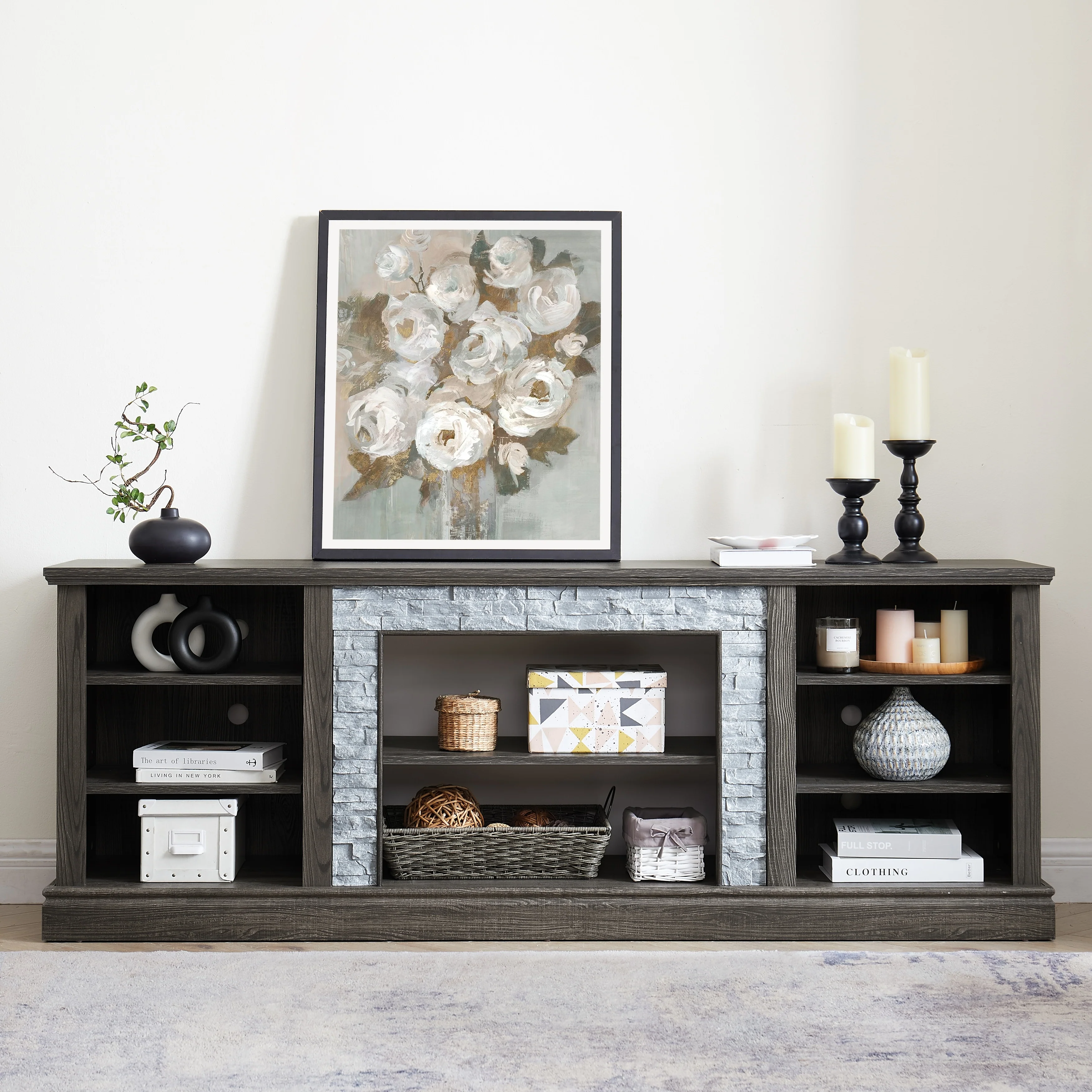 Large TV Desk Storage Rack with Faux Stacked Stone Surround Modern Media Console Table Featuring Spacious Storage