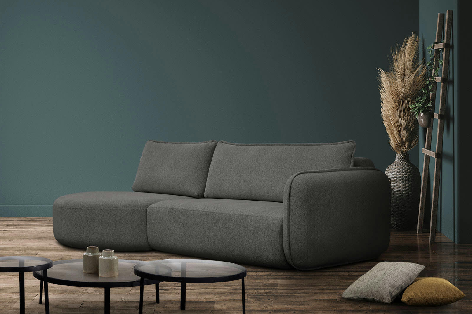 IPSUM - Canapé d'angle gauche 3 places avec l'île tissu gris foncé