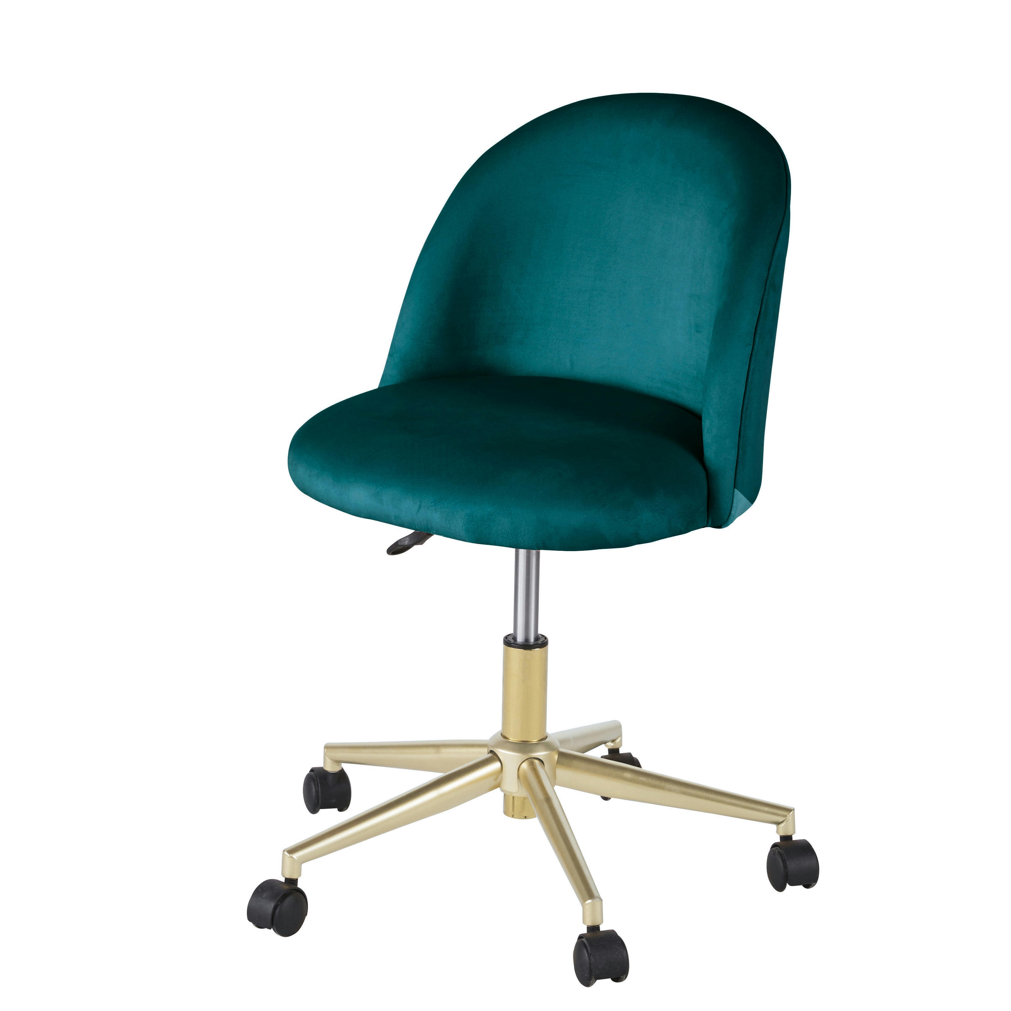 - Chaise de bureau à roulettes en velours bleu pétrole et métal coloris laiton