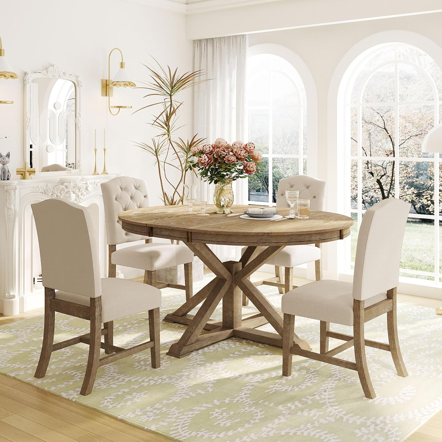 LUMISOL 5-Piece Solid Wood Dining Table Set for 4, Extendable Round Kitchen Table Set with 4 Upholstered Chairs, Farmhouse Table and Chairs Set for Kitchen, Dining Room, Living Room, Natural
