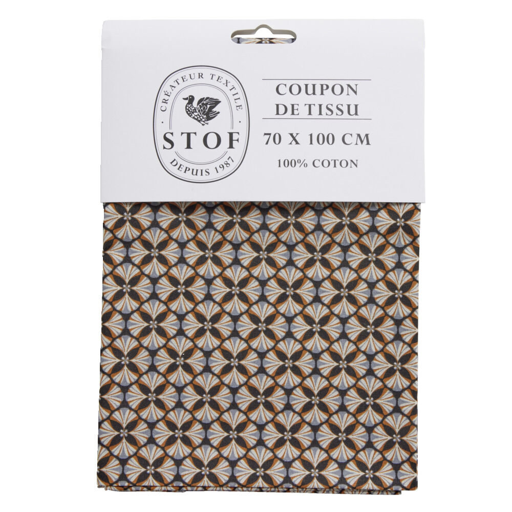 Coupon tissu imprimé Eugène 70x100cm coton bleu, noir et marron