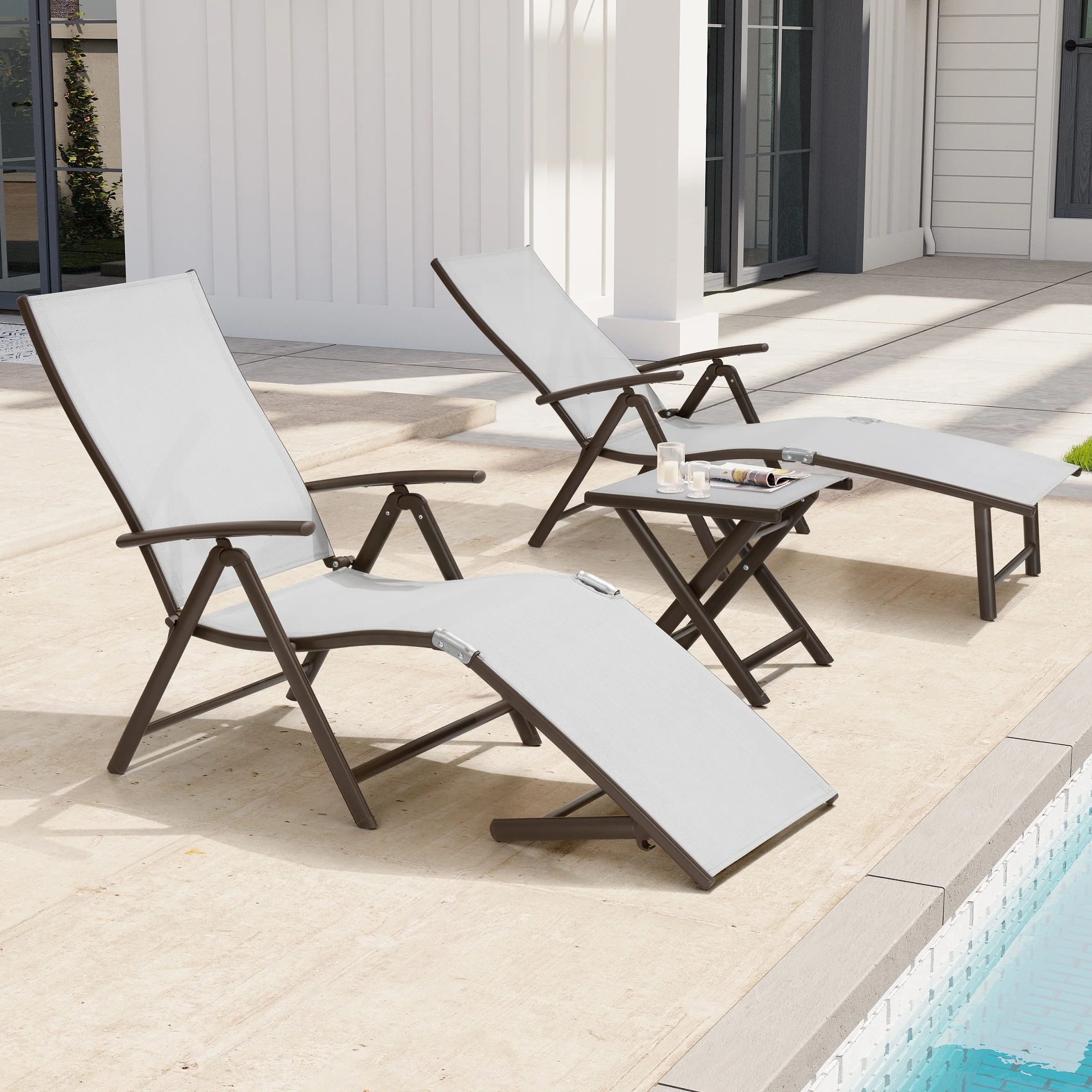 3-Pieces Outdoor Chaise Lounge Set Aluminum Adjustable Foldable Chaise Lounge Chairs and Side Table