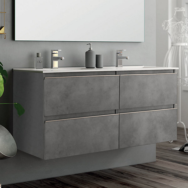 Ensemble meuble de salle de bain 120cm double vasque   colonne de rangement - BALEA - ciment (gris)
