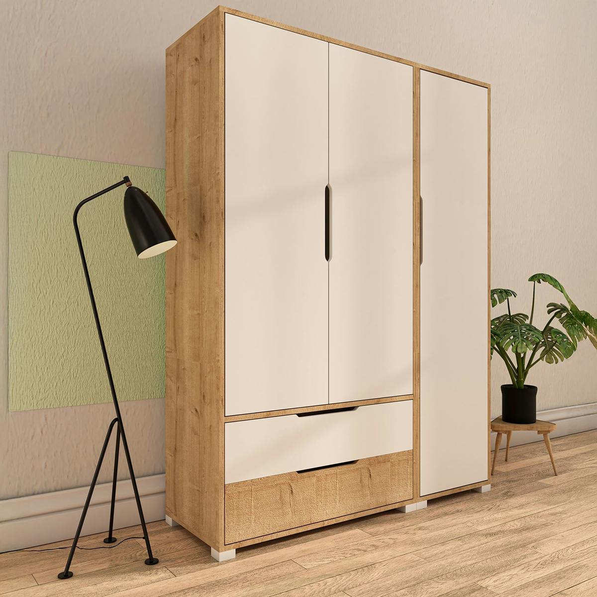 Armoire penderie 3 portes, effet bois et blanc BYRON