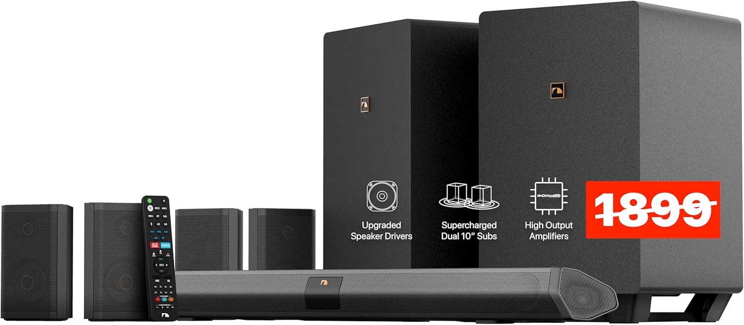Nakamichi Shockwafe Ultra 9.2.4 Channel Soundbar System with Dolby Atmos/DTS:X  Dual 10 Subwoofers  4 Rear Surround Speakers  1300 Watts Max Output Power