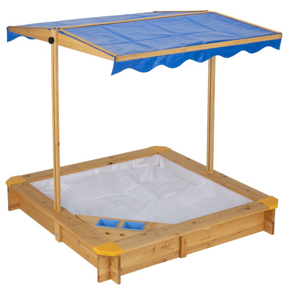 Bac à sable avec toit inclinable en bois et toile bleue 118x118xH118cm