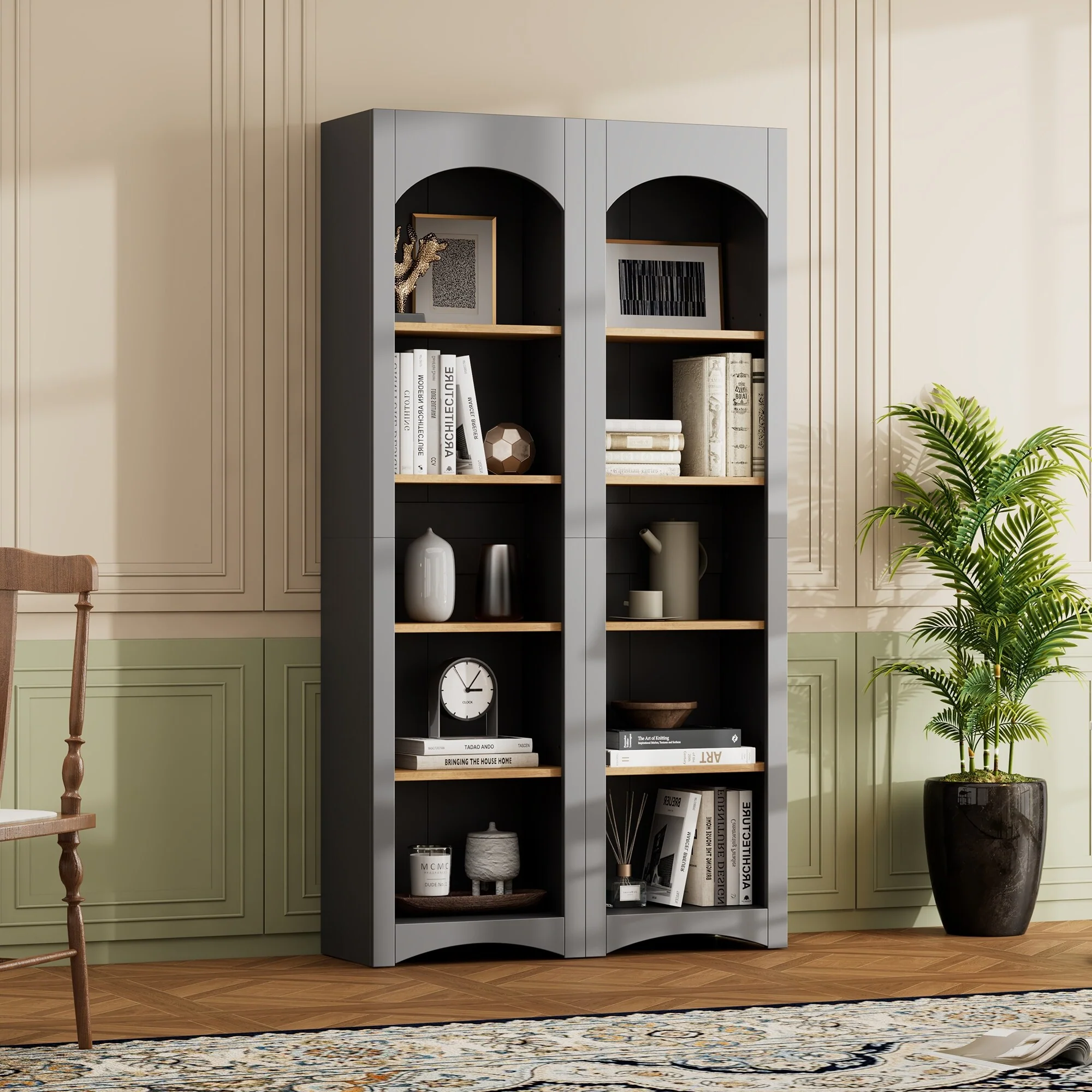 5 Tier Display Cabinet, Curio Cabinet Bookcases Set of 2, Wood Storage Cabinet with Adjustable Shelves for Home Office