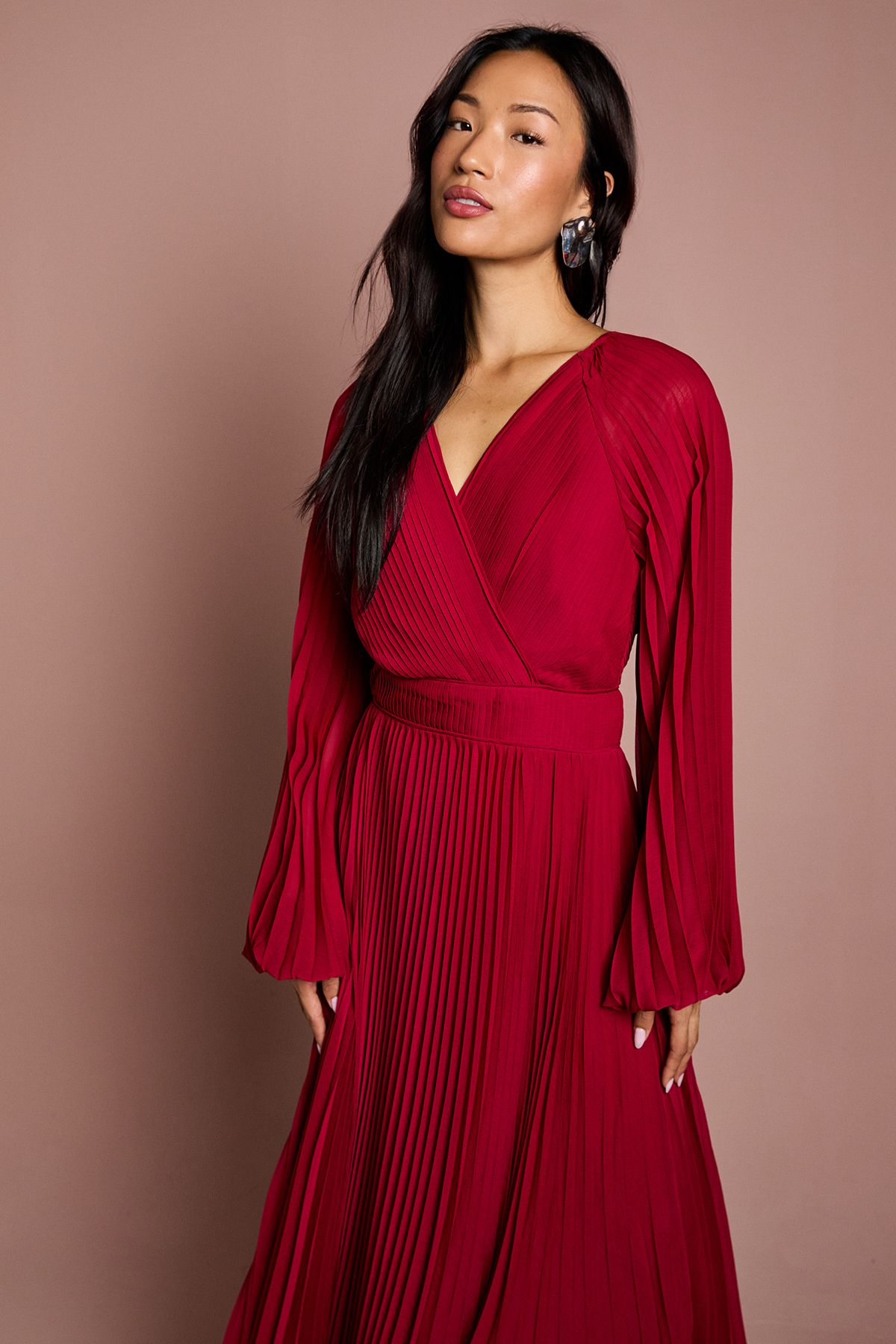 Coast Long Sleeve Chiffon Pleated Wrap Midi Dress