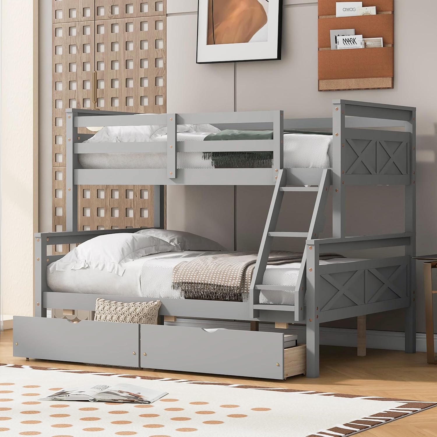 Merax Twin Over Full Bunk Bed with 2 Storage Drawers, Ladder and Guardrail, Can be Converted into 2 Separated beds, Grey