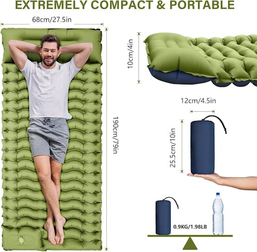 NNEOBA 4-Inch Thick Inflatable Camping Sleeping Mat Built-in Pillow And Pump Green