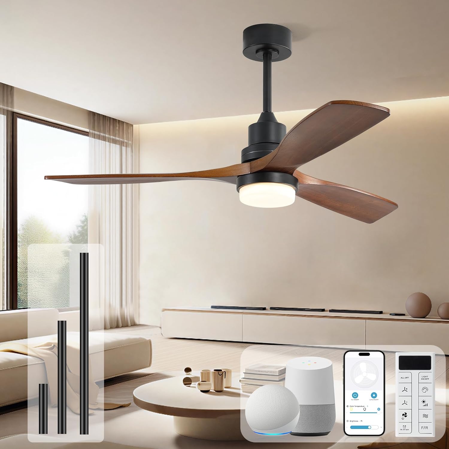 Sofucor Smart Ceiling Fan, 52 Low Profile Ceiling Fans with Lights and Remote, Compatible with Alexa/Google/App, 3-Color Light 6-Speed DC Motor Reversible Timer for Bedroom Living Room Patio Outdoor