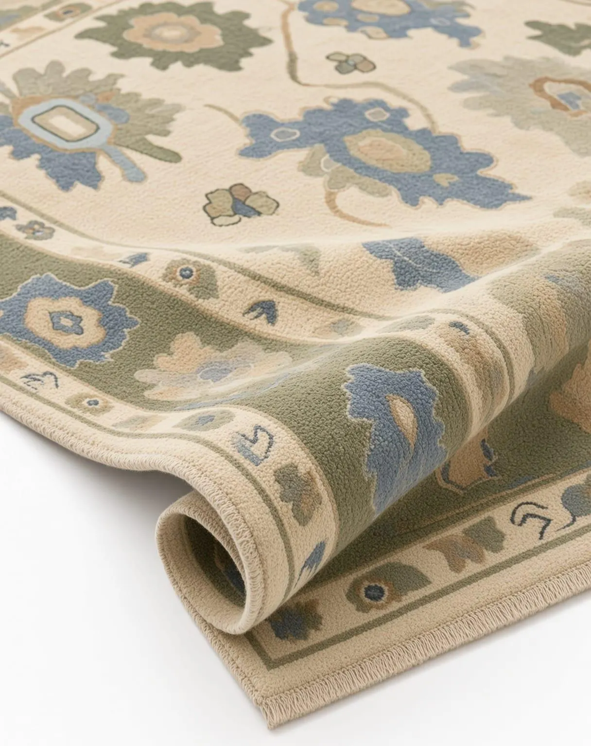 Hand Knotted Oushak Rug, Sage Green Floral Wool Area Rug, Ivory & Blue Turkish Style Carpet, Custom Size Luxury Home Decor