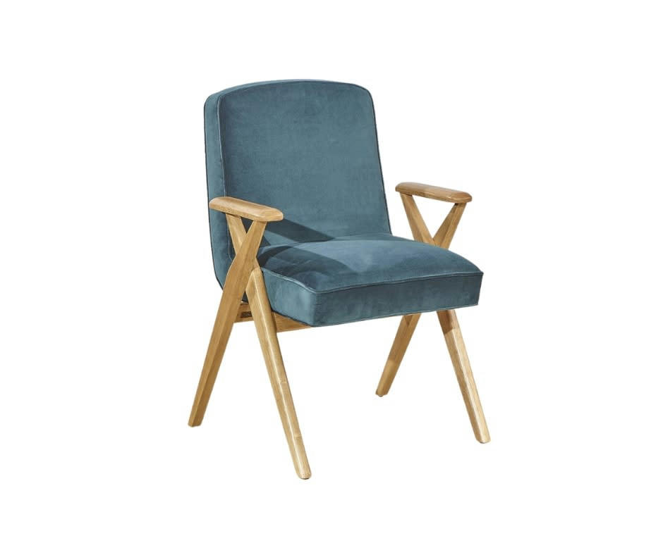X - Fauteuil de table en bois et velours bleu paon