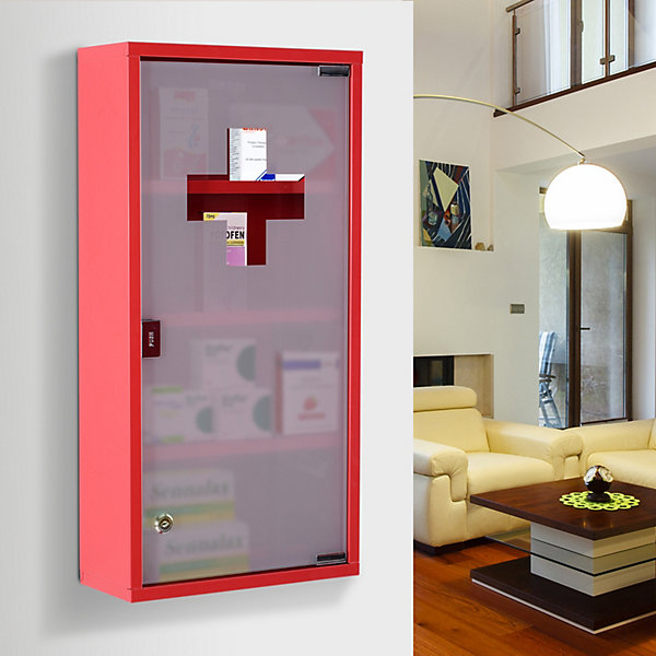 Armoire à pharmacie 3 étagères 4 niveaux verrouillable porte verre trempé dépoli logo croix 30L x 12l x 60H cm acier inox rouge